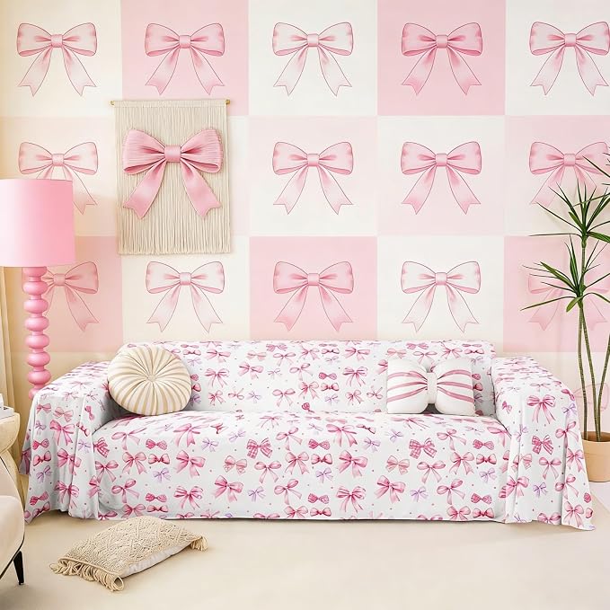 Pink Bow Couch Cover for Dogs,Dreamy Princess Style Bowknot Washable Couch Covers Cute Bowknot Sofa Cover,Kawaii Bow Tie Cushion Cover Dogs Sofa Slipcover for Pets,91"x134" Pink Decor For Bedroom