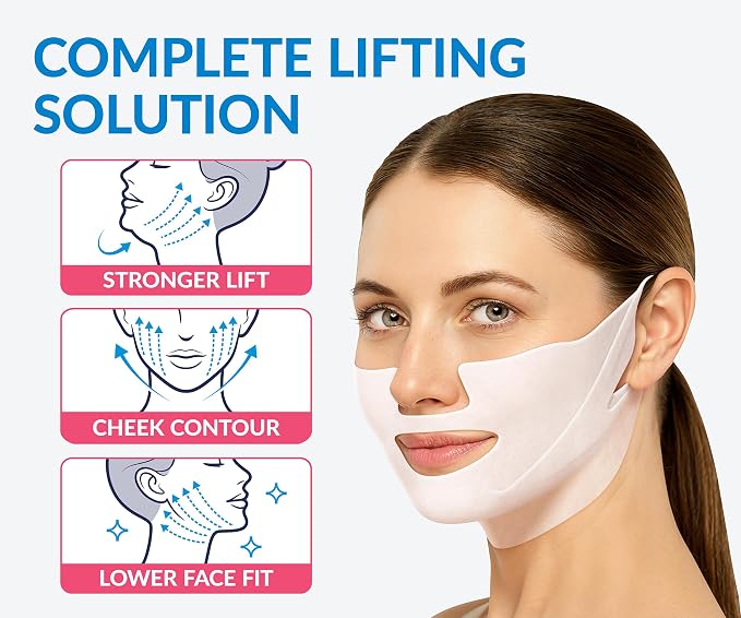 Stylia MaxiLift V-Line Lifting Collagen Face Mask - Double Chin Strap - Jawline Shaper - Neck Firming and Tightening Mask with Hyaluronic Acid & Aloe Vera - Chin Strap for Sleeping (10PC)