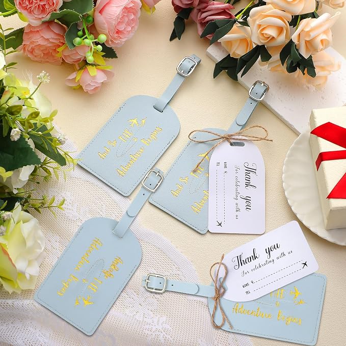 Sweetude 48 Sets Bulk Luggage Tags Wedding Favors and So The Adventure Begins Leather Luggage Tags for Suitcases with Name Card for Travel Themed Bridal Shower Graduation Party Favor(Haze Blue)