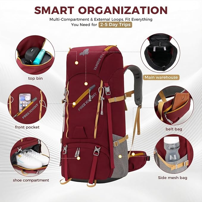 Bseash 65L Waterproof Hiking Camping Backpack with Rain Cover, Outdoor Sport Travel Daypack for Climbing Touring (Wine Red)