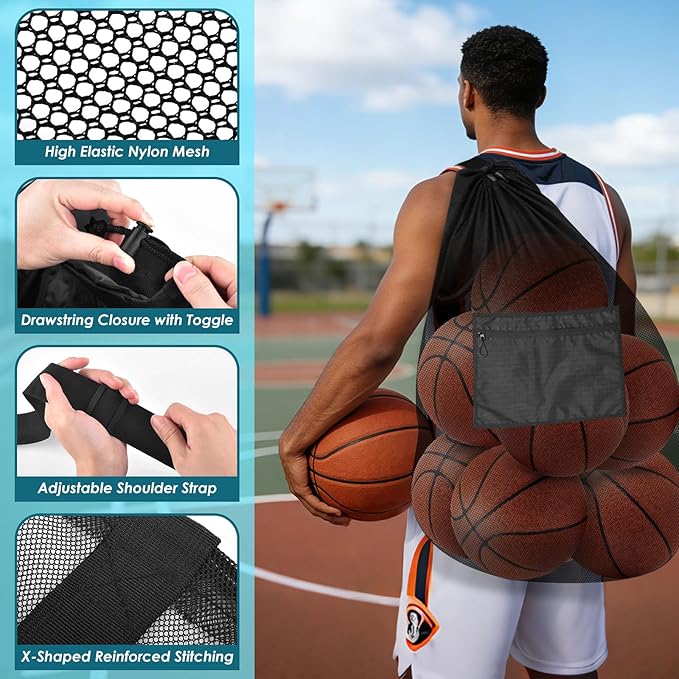 BROTOU 5PCS Extra Large Mesh Sports Ball Bags - Soccer Ball Bag Drawstring Bags with Shoulder Strap for Basketball, Volleyball, Swimming Gear