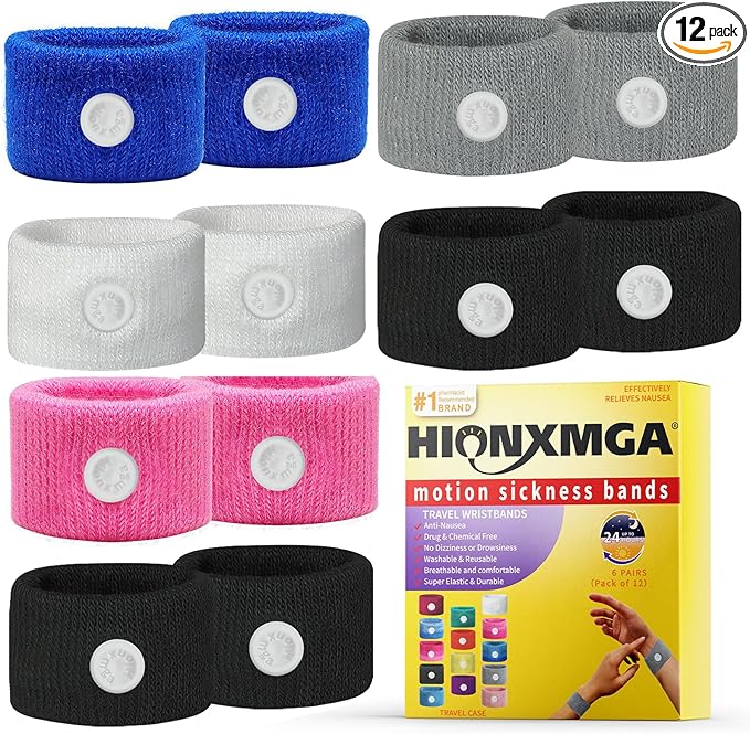 HIONXMGA 6 Pairs Motion Sickness Bands – Natural Anti Nausea Acupressure Wristbands for Morning & Motion Sickness Relief – Ideal for Car, Cruise & Flight Travel – for Adults and Kids