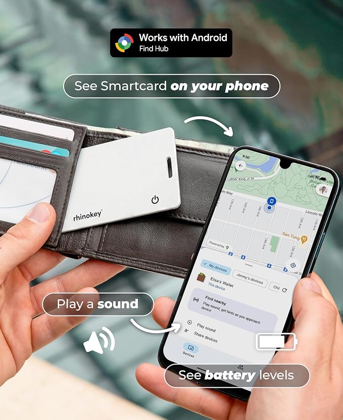 Rhinokey® Wallet Tracker Card (Android Only) 0.07in Slim Rechargeable Smart Tracking Card Works with Google's Find Hub IP68 Tag Item Finder with Key Chain Hole for Luggage (1 Pack - Android - White)
