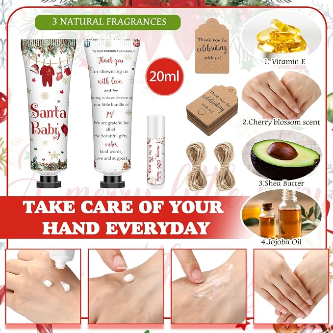 50 Sets 200 Pcs Christmas Santa Claus Baby Shower Gifts Bulk Hand Lotion and Lip Balm Gift Party Favors Travel Size Hand Lotion and Lip Balm with Organza Bags Tags