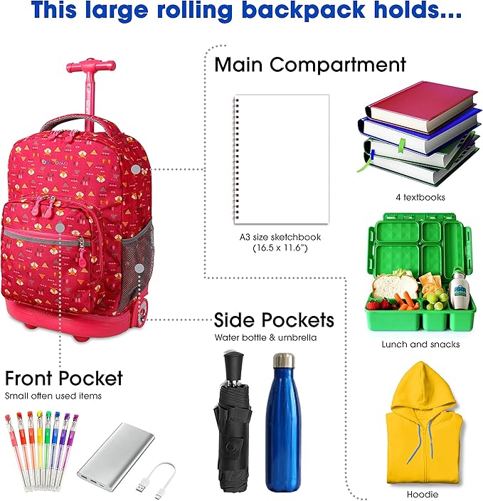 J World Sunrise Kids Rolling Backpack for Girls Boys. Roller Bookbag With Wheels For School, Fox