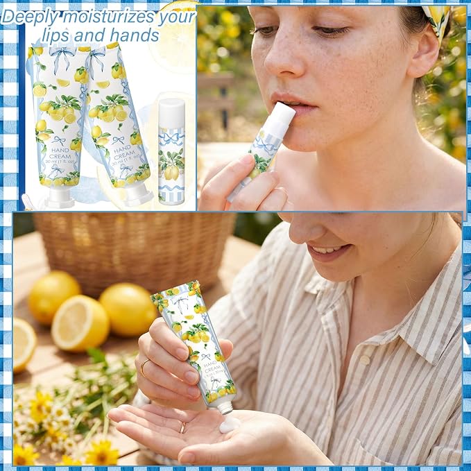 24 Sets Lemon Bow Hand Cream and Lip Balm Amalfi Coast Gifts Lemon Bridal Shower Party Favors Blue Bow Baby Shower Favor for Guest Travel Size Hand Lotion and Lip Balm Bulk Birthday Party Supplies