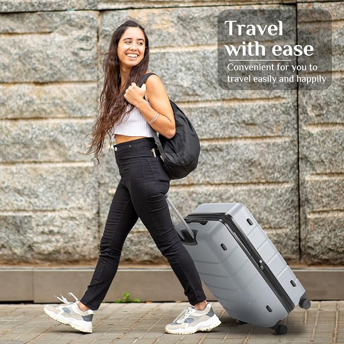 NEWBULIG 28 Inch Checked Luggage, ABS Hard Shell Lightweight Rolling Expandable Suitcase with Smooth Spinner Wheels and TSA Lock for Business Trips and Daily Vacations, Light Grey