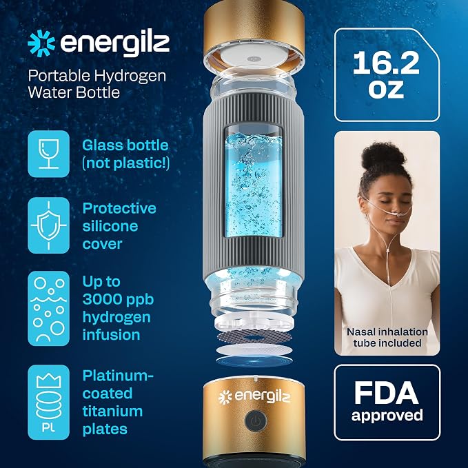 Hydrogen Water Bottle | Large 16.2 oz (480 ml) Hydrogen Water Bottle Generator 3000 ppb | Hydrogenator Machine | SPE/PEM Hydrogenated Ionizer Generator (Golden w/Gray)