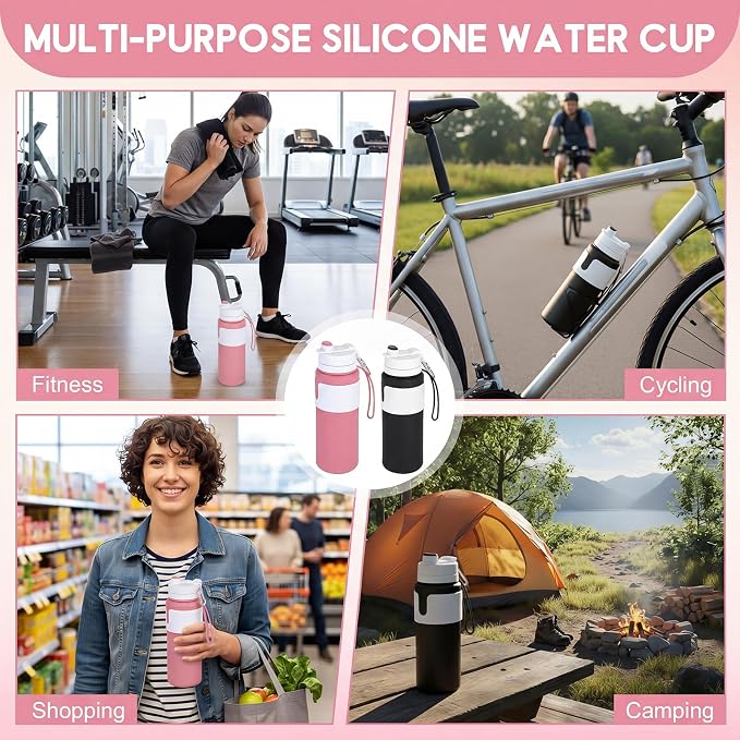 LemonRoad 2 Pcs 26 oz Silicone Collapsible Water Bottle, Portable Foldable Water Bottle Leakproof with Carabiner Reuseable Lightweight for Travel Sports Hiking Camping Cycling Office (Black,Pink)