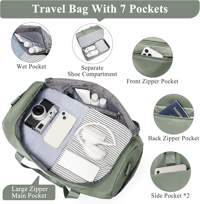 Extra Large Travel Duffle Bag,Carry on Overnight Weekend Bag with Shoes Compartment,Weekender Bags for Women for Travel Business Trips Sport Hospital,3 Pcs Set,Olive Green