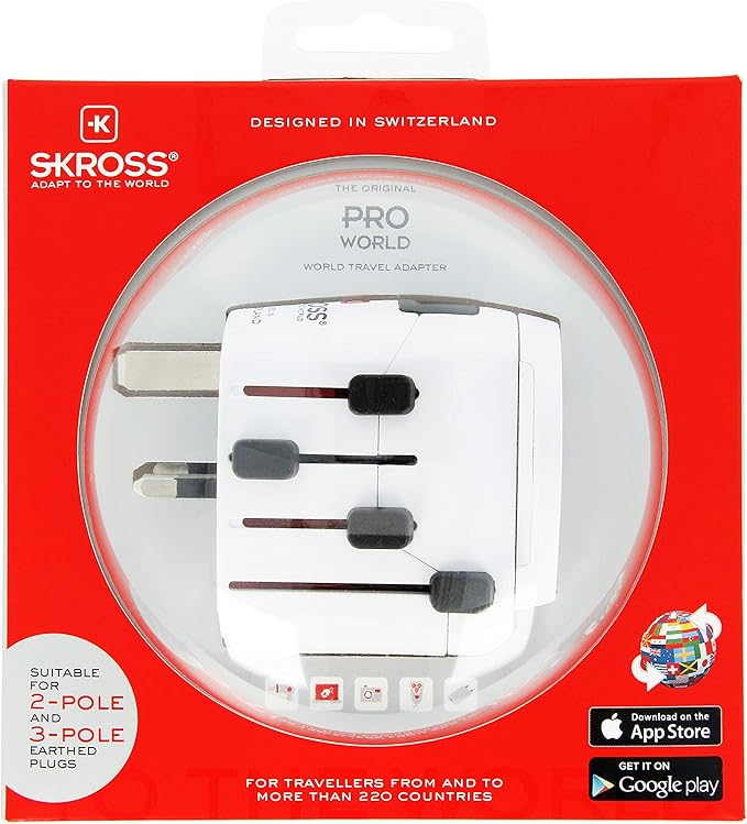 Skross Pro World Travel Adapter, 3-Pole Travel Adaptor with Slide System, Designed in Switzerland for More Than 205 Countries, 1.103175 White