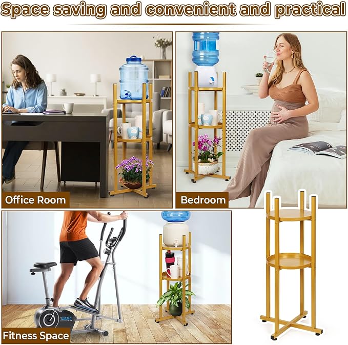 Water Dispenser Stand 5 Gallon Water Jug Stand Sturdy Water Stand(32.8" H-11.2" W) Water Jug Stand with 2 Round Shelfs for 1-5 Gallon Water Bottles/Crocks, Water Jug and Plant Stand (Gold)