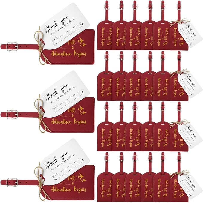 Sweetude 48 Sets Bulk Luggage Tags Wedding Favors and So The Adventure Begins Leather Luggage Tags for Suitcases with Name Card for Travel Themed Bridal Shower Graduation Party Favor(Burgundy)
