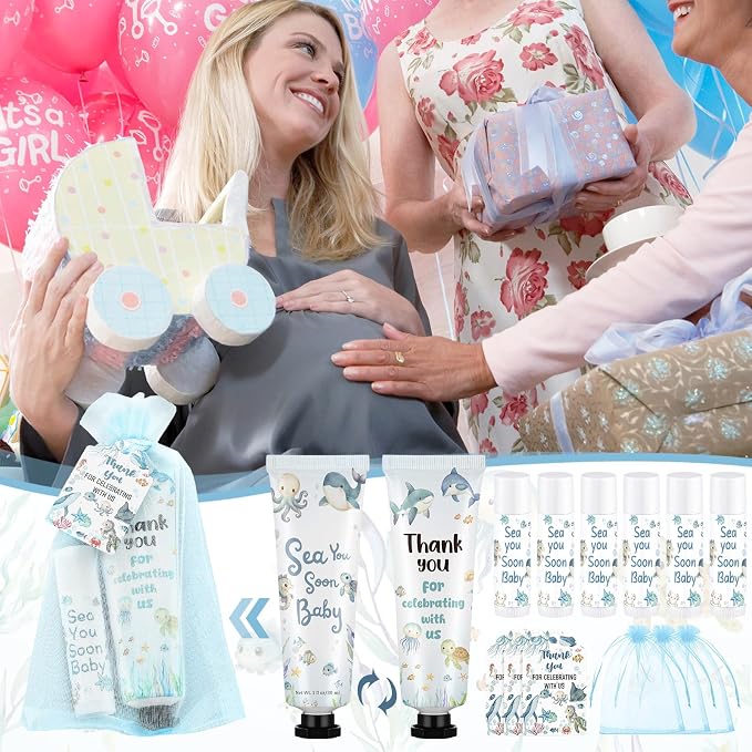 Loopeer 50 Set / 200 Pcs Sea You Soon Baby Shower Favor Bulk Hand Cream Lip Balm Gifts for Guests with Thank Cards Organza Bag Thank You for Celebrating with Us Ocean Animal