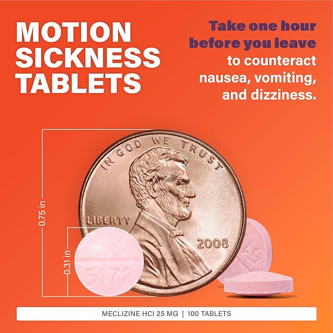 Rugby Meclizine Chewable Tablets 25mg - Anti-Nausea Medicine Helps with Motion Sickness - 100 Count (1 Pack)