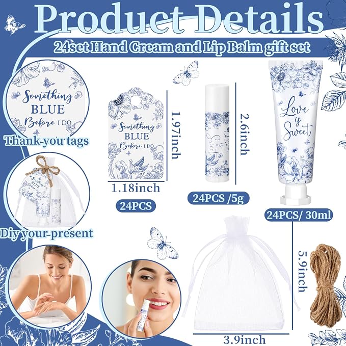 24 Sets Something Blue Before I Do Bridal Shower Hand Cream and Lip Balm Gift Bulk Blue Floral Wedding Favors Travel Size Hand Lotion and Lip Balm Wedding Bridal Shower Party Supplies for Guest
