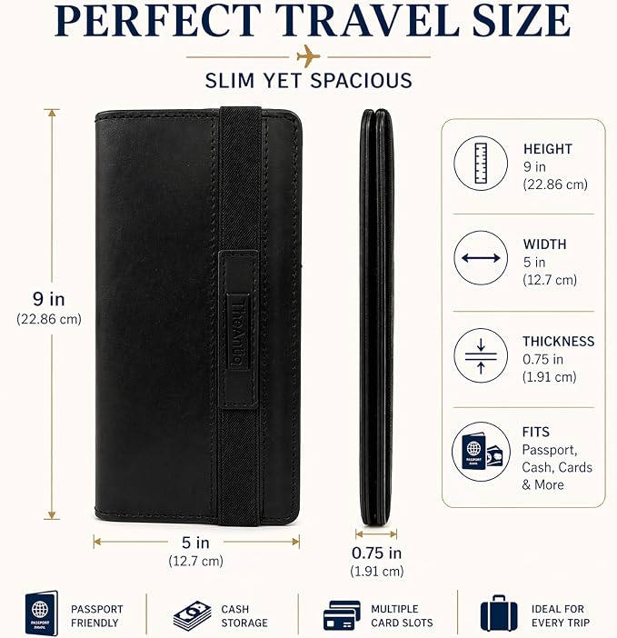 Black Leather Long Passport Wallet - Travel Document Organizer with Card Slots ID Window Zipper Pocket Slim Passport Holder for Travel & Everyday Use, 5 x 9