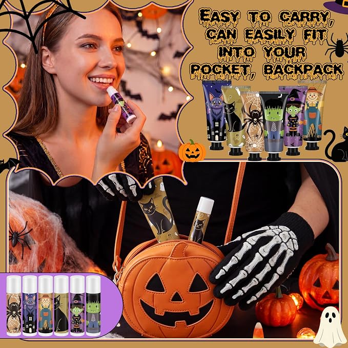 12 Pack Halloween Hand Cream and Lip Balm Gifts Sets for Women Mini Hand Lotion Bulk Travel Size Moisturizing Cream Halloween Party Favors for Boo Basket Stuffers 6 Natural Plant Fragrances