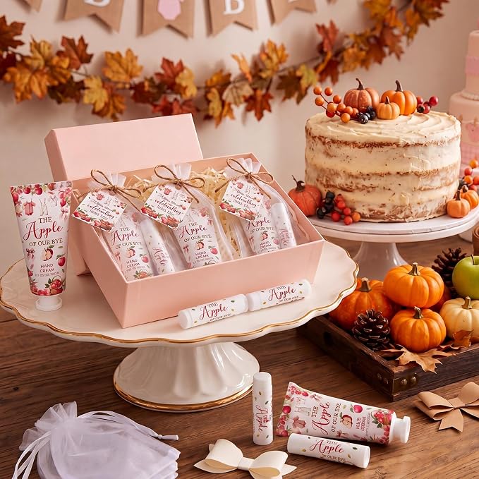 24 Sets Fall Apple Theme Baby Shower Hand Cream and Lip Balm Gift The Apple of Our Eye Baby Shower Party Favors Travel Size Hand Lotion and Lip Balm Bulk with Organza Bag Tag for Guest