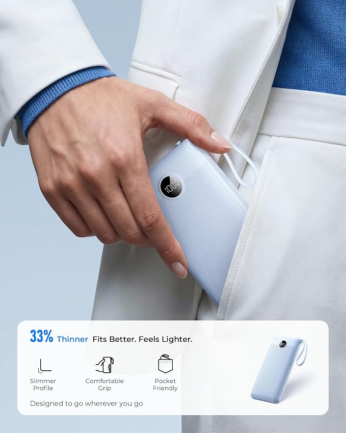 VRURC Portable Charger Slim 20000mAh Power Bank,22.5W PD Fast Charging Travel Essentials Powerbank 4-Built-in-Cables&2 Extra Ports Compatible with iPhone,iPad,Galaxy,Android (Sky-Blue)