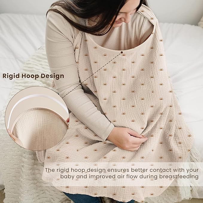 Konssy Muslin Nursing Cover for Baby Breastfeeding, Breathable 100% Cotton Breastfeeding Cover with Rigid Hoop for Mother Nursing Apron, Multi-use Carseat Canopy (Sun)