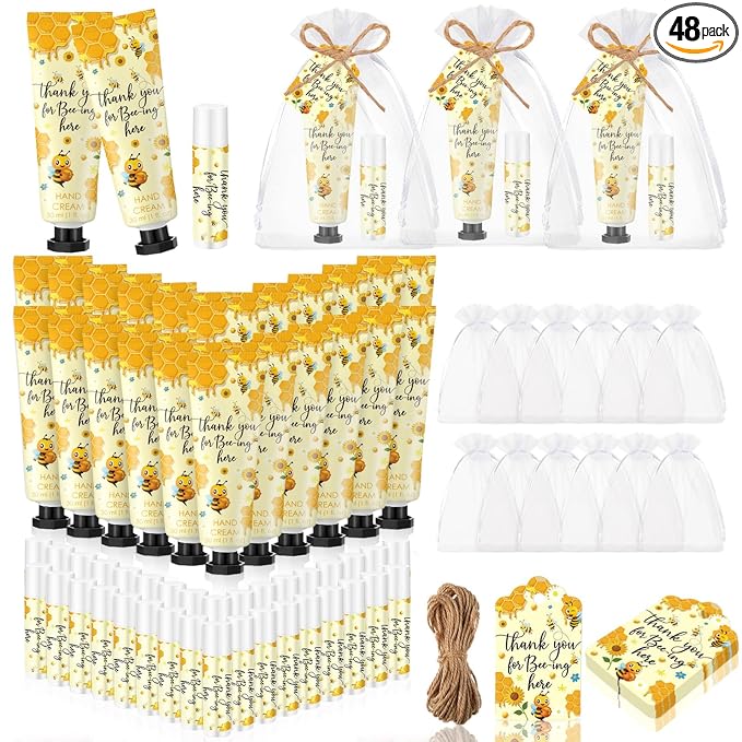 48 Set/192 Pcs Bee Theme Baby Shower Favors for Guests a Little Honey Hand Cream and Lip Balm Sweet as Can Bee Theme Baby Shower Gifts Thank You for Beeing Here Gifts for Gender Reveal Party
