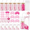 37 Pcs Party Supplies for Girls, 6 Kit Girls Birthday Gifts Including Glass Cups, Hairbands, Sleep Eye Mask, Headband, Brush, Tote Bags with Ribbon for Women Pink Spa Sleepover Party Favor