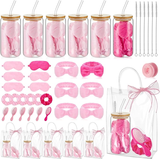 37 Pcs Party Supplies for Girls, 6 Kit Girls Birthday Gifts Including Glass Cups, Hairbands, Sleep Eye Mask, Headband, Brush, Tote Bags with Ribbon for Women Pink Spa Sleepover Party Favor