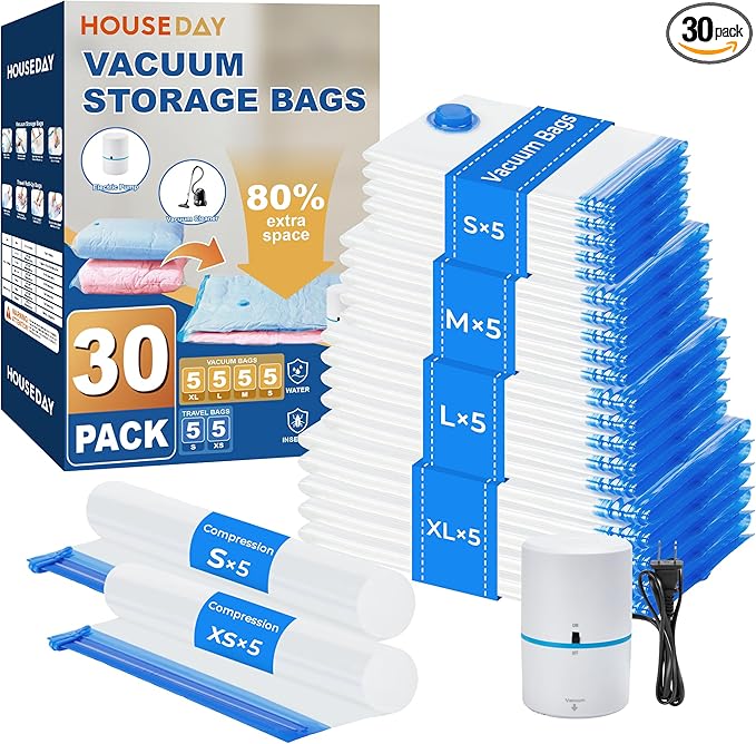 HOUSE DAY 30 Pack Vacuum Storage Bags with Electric Pump, 4 Sizes + 2 Roll-Up (5 Each), Space Saver Vacuum Seal Bags for Clothing, Bedding, Pillows, Travel – Airtight Seal, Reusable & Durable
