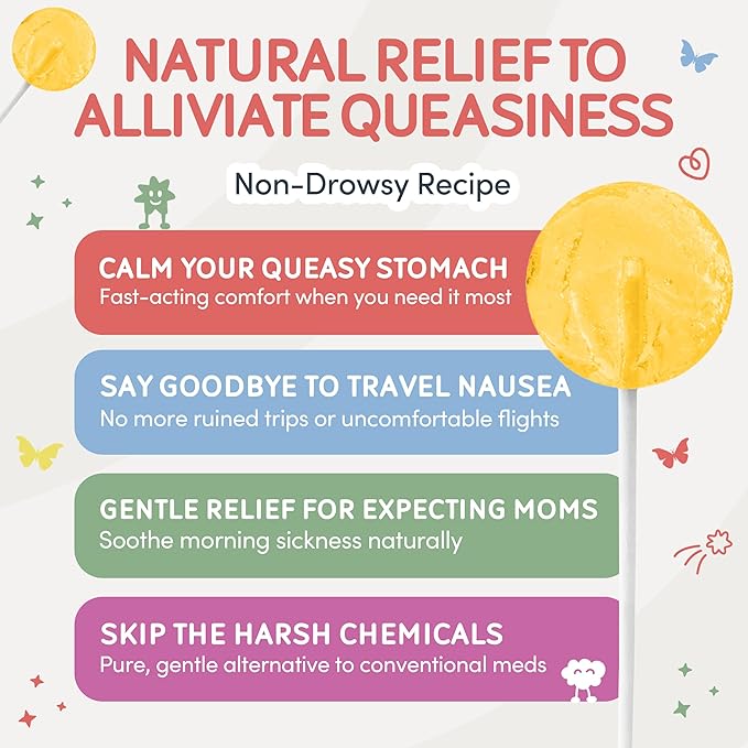 MommaBear Nausea & Motion Sickness Lollipops – Non-GMO Lemon & Ginger Candy for Nausea – Organic Lollipops for Kids 3+ & Pregnancy Must Haves to Ease Queasiness – Freshness, Sealed in (5 Pack)