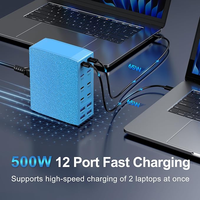 500W USB C Charger Block, 12-Port USB C Charging Station for Multiple Devices, Leather Texture Dual PD 65W Laptop Fast Charger Compatible with MacBook Pro/Air, iPad, iPhone,Galaxy and More,Blue