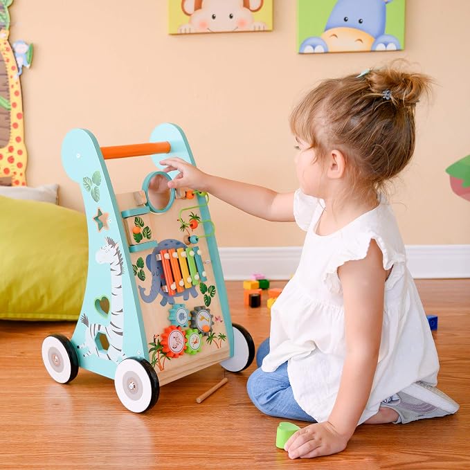 Teamson Kids Preschool Play Lab Wooden Baby Walker and Activity Station, Natural/Blue | Activity Station