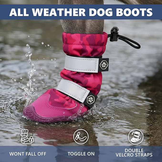 Spark Paws Dog Rainboots, Waterproof Dog Shoes for Medium to Large Dogs, Non Slip, Dog Booties and Paw Protectors - 4PCS Doggie Hiking Boots with Reflective Straps - Pink Camo, Size 5