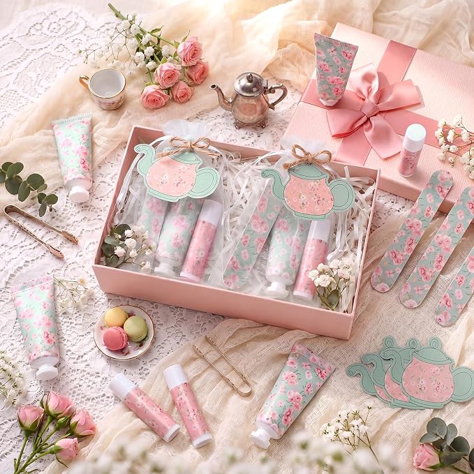 Leelosp 24 Sets Tea Party Hand Cream and Lip Balm Gift for Women Bulk Pink Floral Travel Size Hand Lotion Lip Balm Nail File Gifts Set Bridal Shower Wedding Party Supplies for Guests