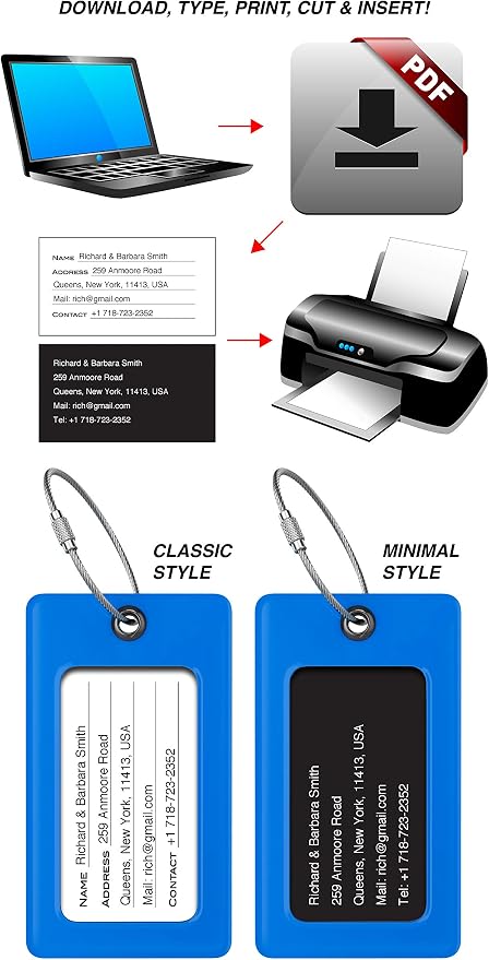 Luggage Tags Business Card Holder by TUFFTAAG - Flexible PVC Travel ID Bag Tag, Blue, 2 Pack