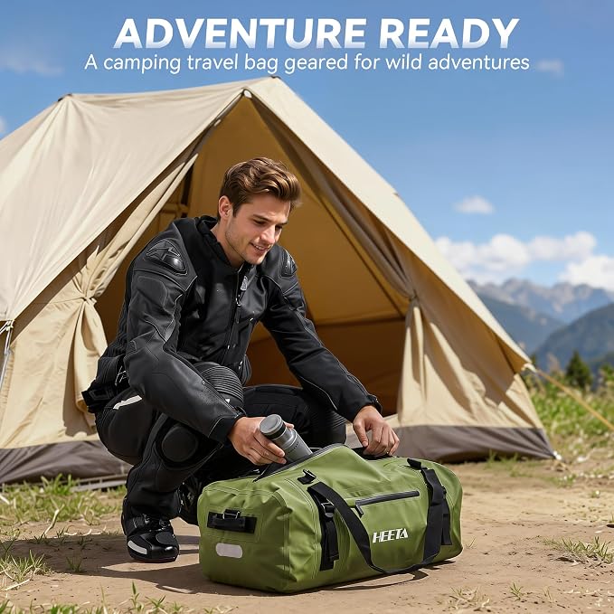 HEETA Waterproof Motorcycle Dry Bag, Waterproof Duffel Luggage Travel Bags with Zippered Closure & Pocket, Shoulder Straps, Large Space for Motorcycling Camping Commuting Boating (Green, 50L)