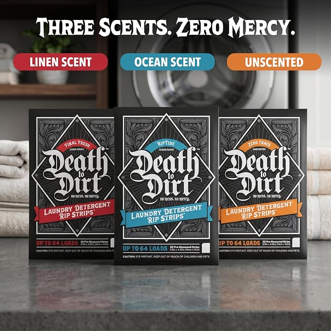 Death to Dirt Laundry Detergent Sheets, 64 Loads, Tough on Stains and Odors, Gentle on Skin and Fabric, Plant-Based & Eco-Friendly, Final Fresh Linen Scent, 32ct