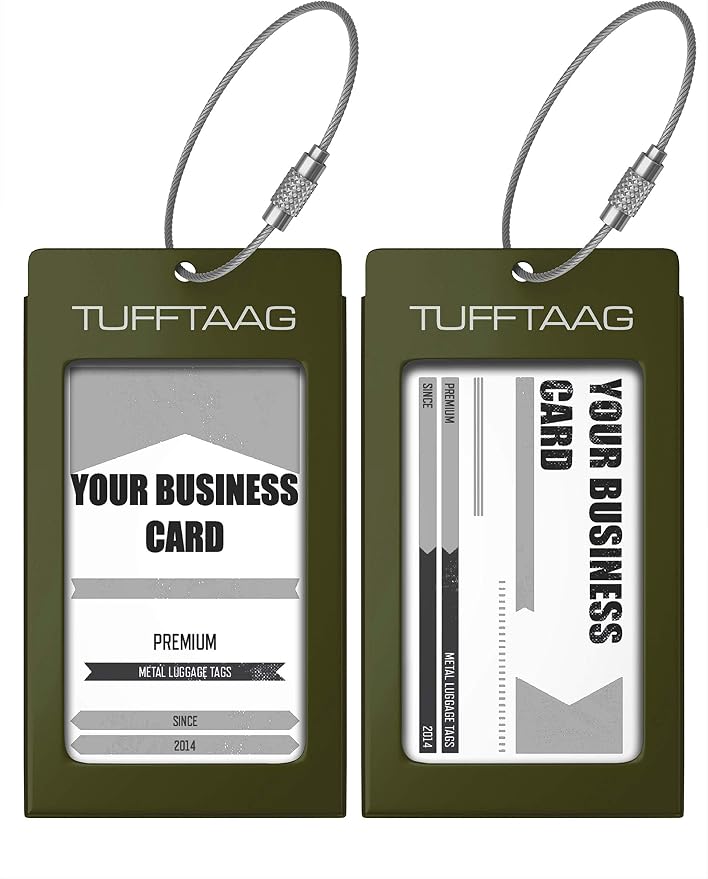 Luggage Tags Business Card Holder by TUFFTAAG - Durable Travel ID Bag Tag, Military Green, 2 Tags