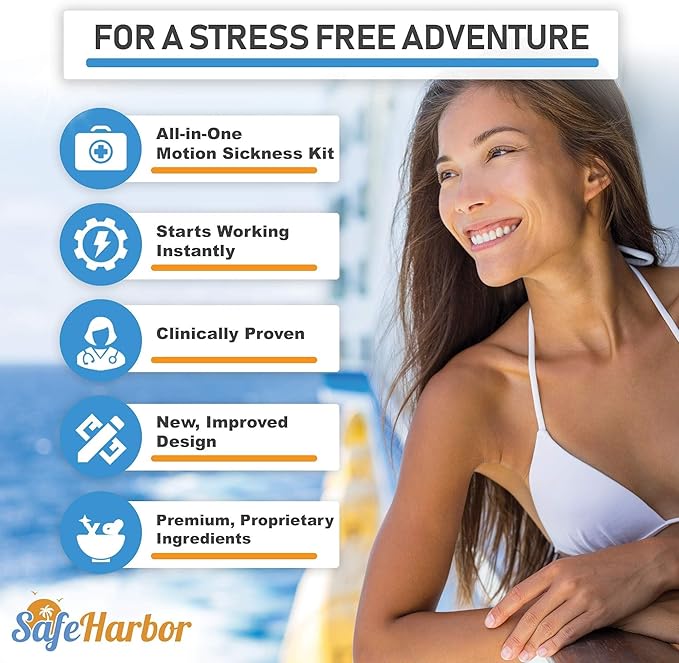 Sea Sickness Kit for Cruise | Motion Sickness Wristbands + Ginger Patches | Non Drowsy Nausea Relief for Adults, Kids | Alaska Cruise Essentials, Travel Kit for Car, Airplane | 2 Bands + 10 Patches