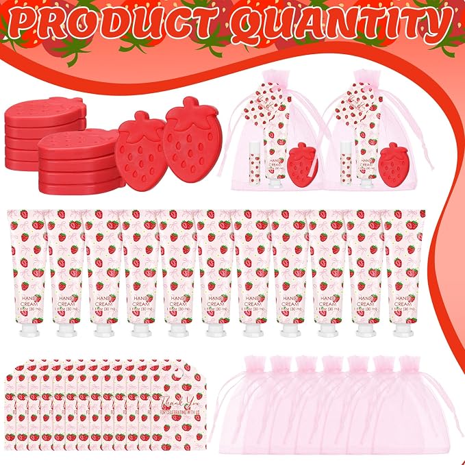 Loopeer 30 Set/150 Pcs Strawberry with Bow Baby Shower Favors for Guests Gifts Hand Cream Lip Balm Soap Party Favors Travel Size with Bags, Thanks You Card for Games Prizes Souvenirs
