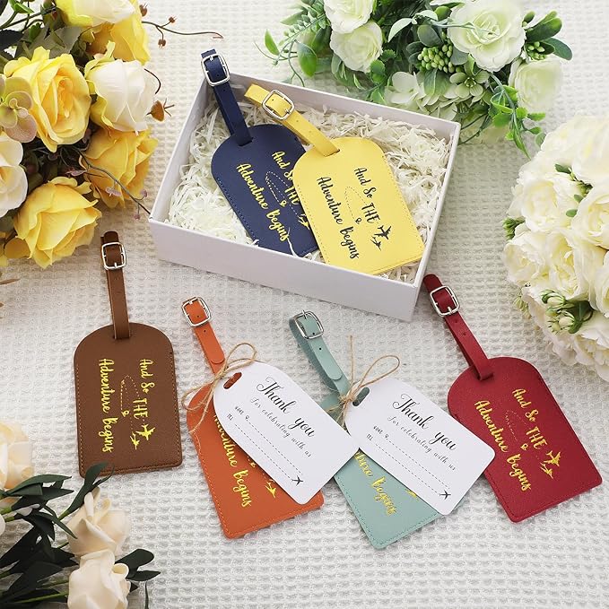 Sweetude 48 Sets Bulk Luggage Tags Wedding Favors and So The Adventure Begins Leather Luggage Tags for Suitcases with Name Card for Travel Themed Bridal Shower Graduation Party Favor(Yellow Brown)
