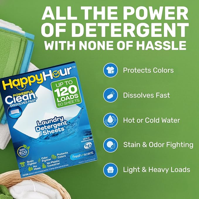 HAPPY HOUR Laundry Sheets Detergent 120 Loads Fresh Scent, 60 Sheets - Biodegradable Laundry Soap, Non Toxic, Plastic Free, Fights Tough Stains & Odors, Travel, Hypoallergenic for Sensitive Skin