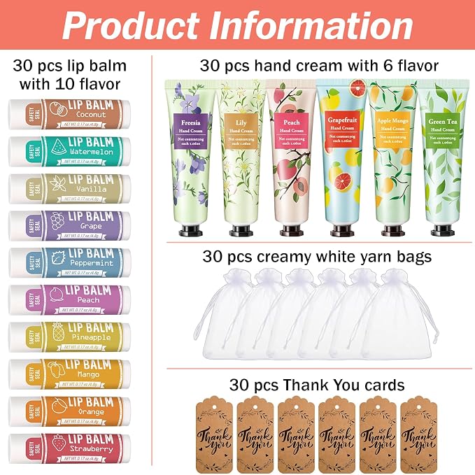 AZEN 30 Sets Bulk Gifts, Hand Cream and Lip Balm Bulk Set with Organza Bag Thank You Card, Baby Shower Wedding Gift for Guests, Bridal Wedding Favors for Guests, Mothers Day Gifts Stocking Stuffers