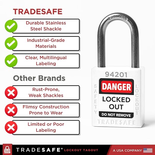 TRADESAFE Lockout Tagout Locks Set - 10 White Loto Locks, Keyed Different Lock Out Tag Out Padlocks, 2 Keys Per Lock, OSHA Compliant Lockout Locks