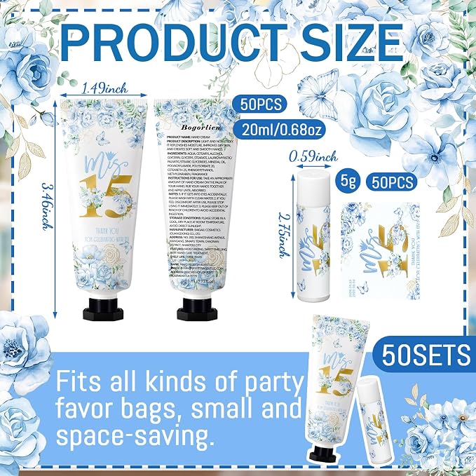 Leelosp 100 Pcs/50 Sets Blue Quinceanera Party Favor Gifts for Guests 15th Thank You Gifts Girl Hand Cream and Lip Balm Sweet 15th Birthday Party Favors for Guests