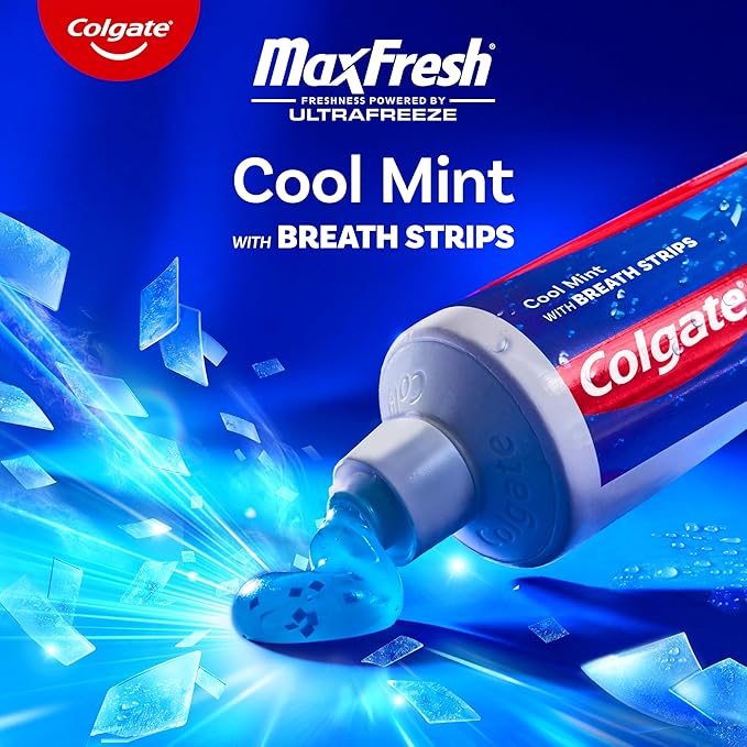 Colgate MaxFresh Cool Mint Toothpaste, Travel Size Toothpaste for Bad Breath with Fluoride and Hundreds of Mini Breath Strips, Leaves Mouth Feeling Refreshed for Hours, Fights Cavities, 1.0 oz