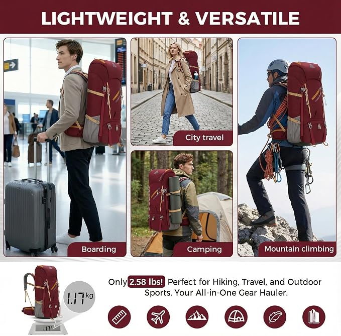 Bseash 65L Waterproof Hiking Camping Backpack with Rain Cover, Outdoor Sport Travel Daypack for Climbing Touring (Wine Red)