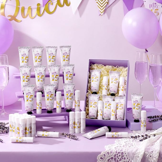 Leelosp 100 Pcs/50 Sets Purple Quinceanera Party Favor Gifts for Guests 15th Thank You Gifts Girl Hand Cream and Lip Balm Sweet 15th Birthday Party Favors for Guests