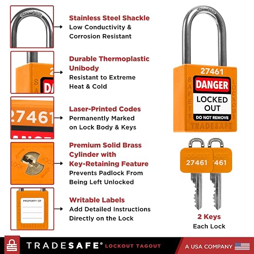 TRADESAFE Lockout Tagout Locks Set - 7 Orange Loto Locks, Lockout Locks Keyed Different, 2 Keys Per Lock, OSHA Compliant Lock Out Tag Out Padlocks, Safety Padlocks for Electrical Lockout Tag Out Kits