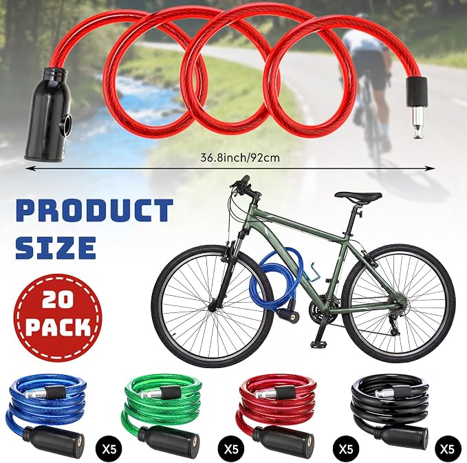 Yexiya 20 Pcs Bike Locks Bulk, Each Anti Theft Bicycle Lock Cable with 2 Keys, 3.4 FT Long Bike Cable Lock for Protecting Bicycle, Electric Scooter, Motorcycle, Scooter, Fence, Toolbox, 4 Colors